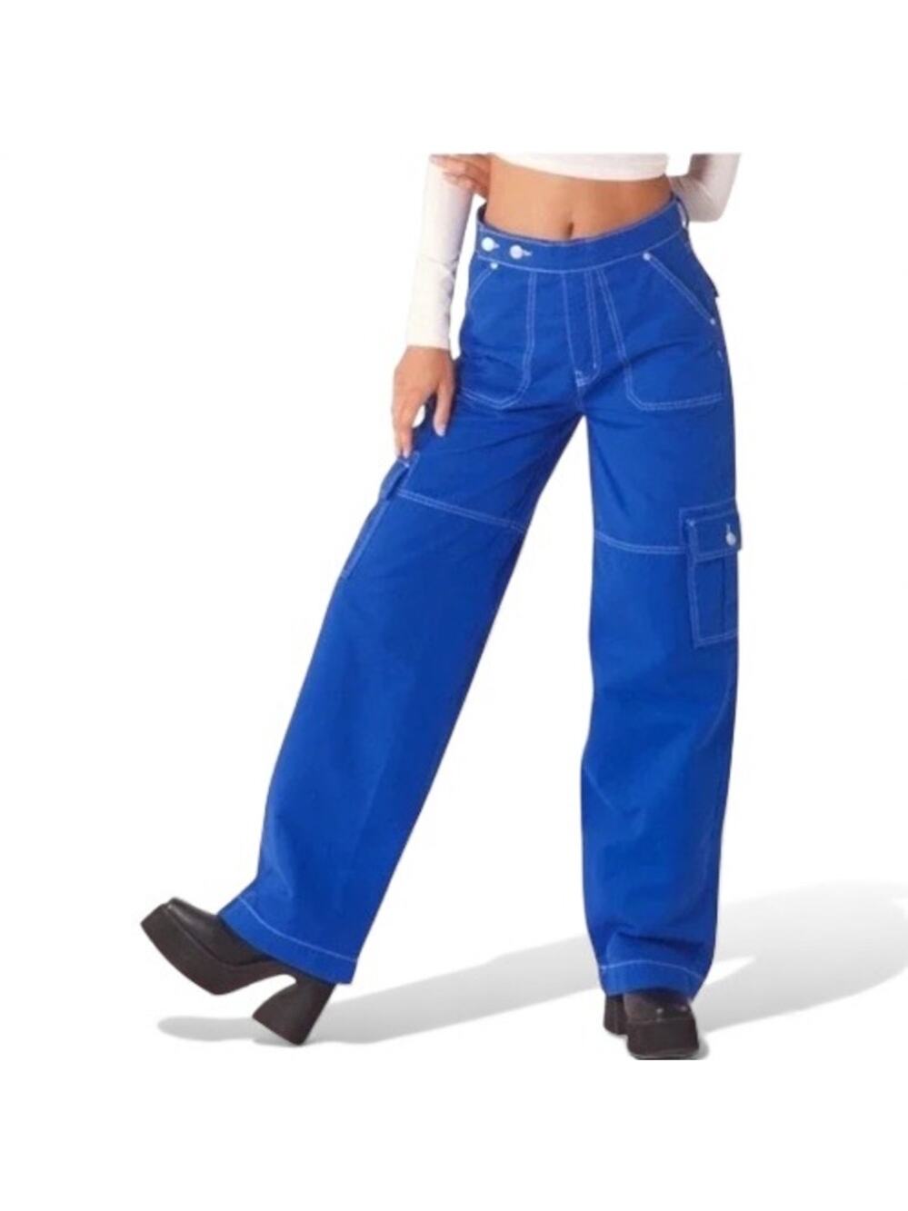 REVICE Denim Aviator Cargo Pant Women’s 25 Electric Blue Wide Leg Pockets NEW